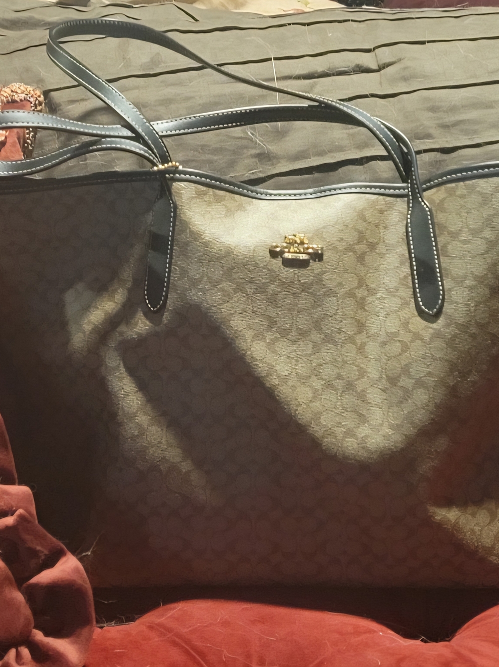 Coach Brown Signature Canvas Tote with Black Trim and Gold Hardware